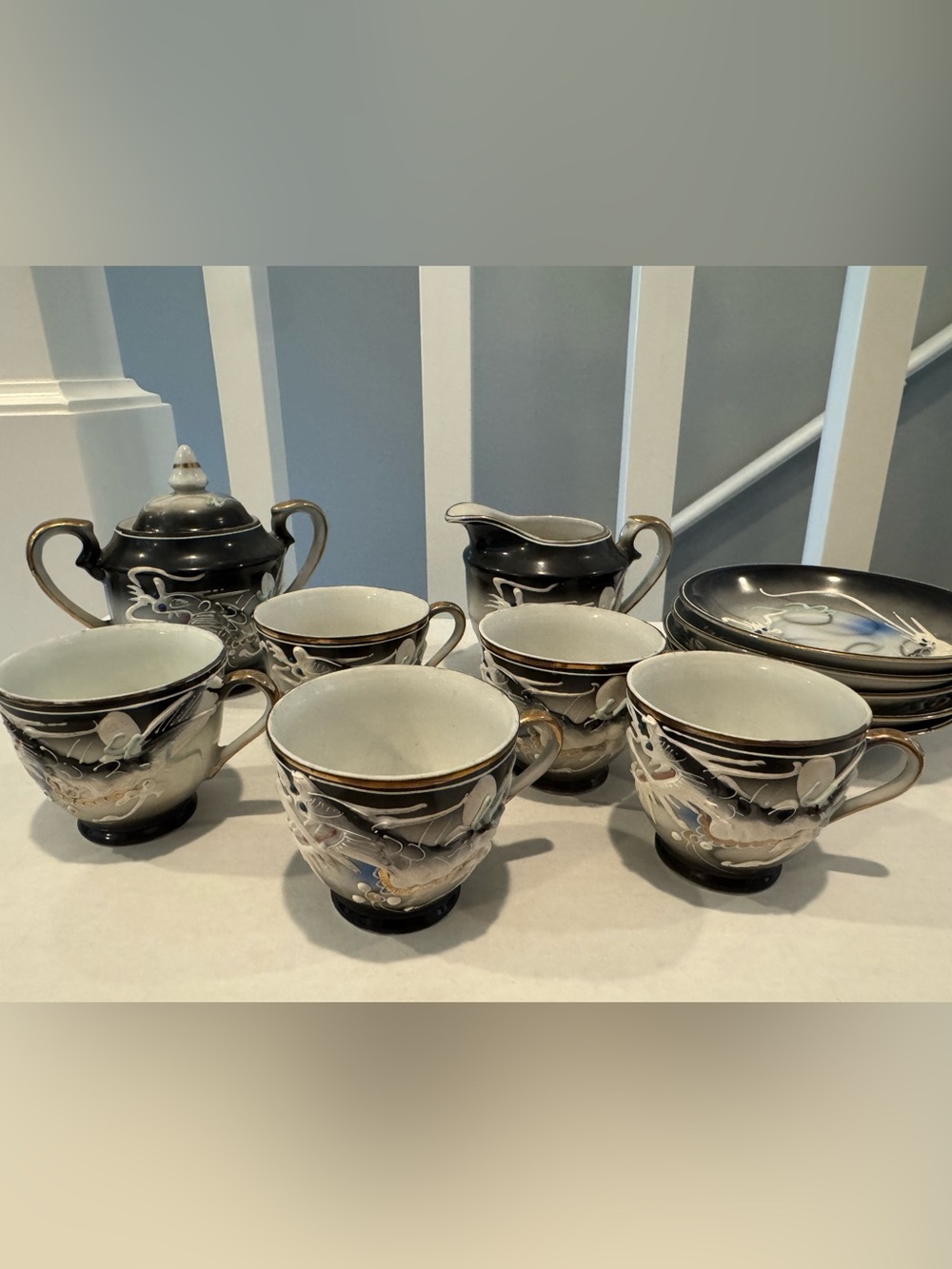 Vintage Black Dragonware Tea Cup Set